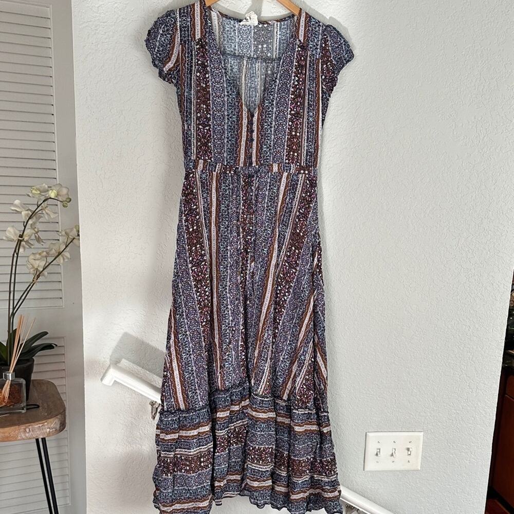 Jaase Midi Dress Button Up Purple Brown Fall Fairy Romantic Boho Prairie Peasant